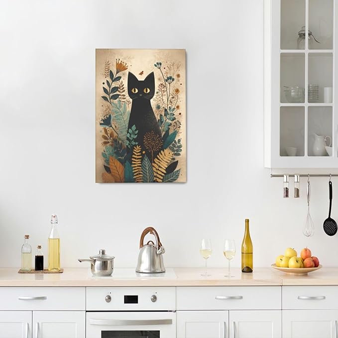 Boho Black Cat Wall Art Kitten Botanical Wall Decor Mid Century Modern Canvas Painting Print Minimalist Pictures Artwork Framed Decorations Gifts for Cat Lover Bathroom Nursery Living Room Bedroom Kitchen 16"x24"-PawvioPets