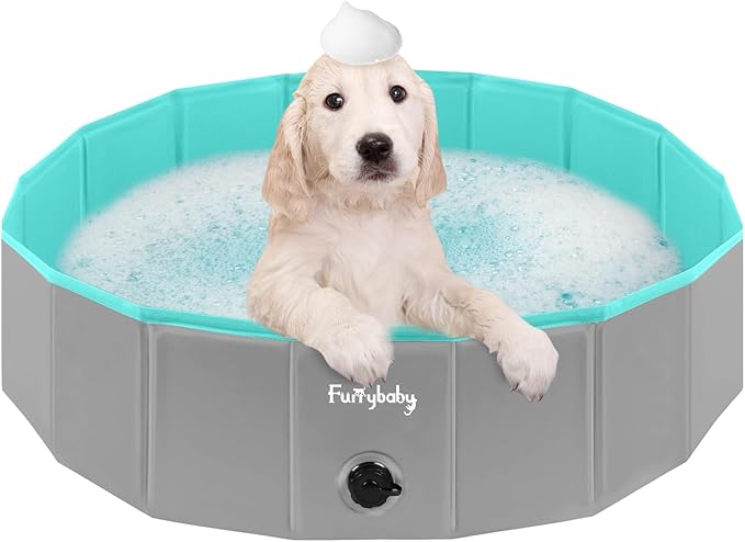 Furrybaby Foldable Dog Pool, Kiddie Pool Hard Plastic, Collapsible Pet Bath Portable Dog Swimming Pool for Pet, Dogs and Cats Grey 32''-PawvioPets
