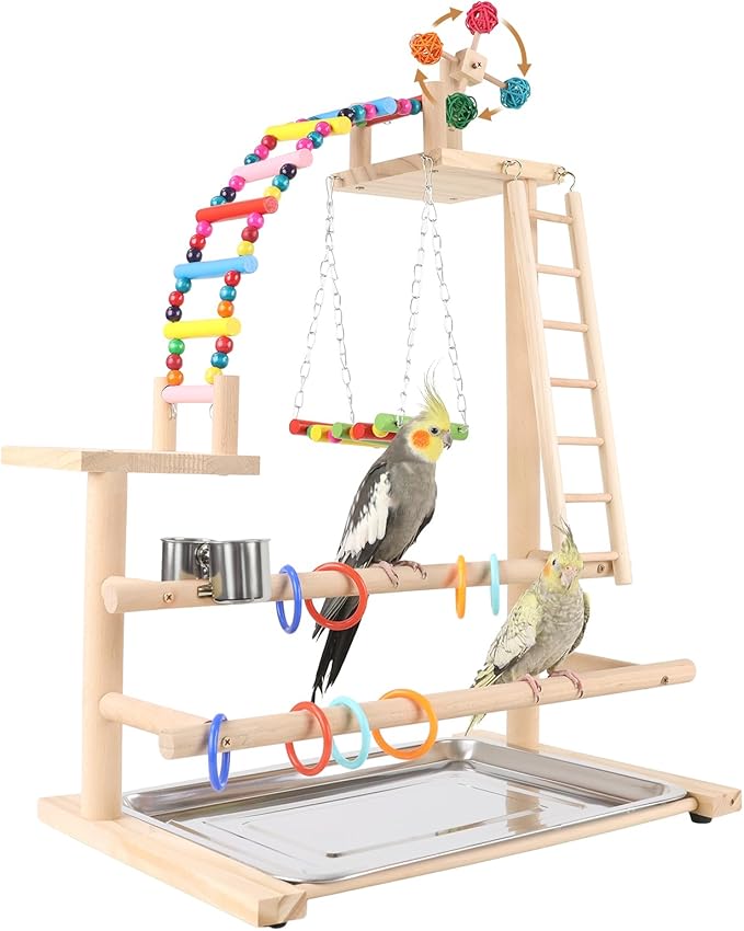 Bird Playground, Perch Stand Parrot Playstand Play Gym with 2 Perches Stand Windmill Toys, Playpen for Parakeet Conure Cockatiel Lovebird Budgie Caique, Exercise Playgym with feeding Cups-PawvioPets