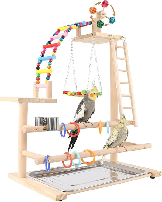 Bird Playground, Perch Stand Parrot Playstand Play Gym with 2 Perches Stand Windmill Toys, Playpen for Parakeet Conure Cockatiel Lovebird Budgie Caique, Exercise Playgym with feeding Cups-PawvioPets