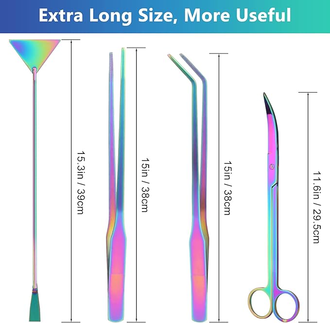Aquarium Aquascape Tools Kit 15 in, 4in1 Anti-Rust Aquatic Plant Aquascaping Tool Stainless Steel Silver Tweezer Scissors Spatula for Aquarium Tank Clean (15in, Colorful)-PawvioPets