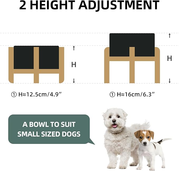 Ceramic Raised Double Bowls Set with Stand, 2 Heights Elevated, Food & Water Bowls for Small Breed Dogs, Weighted Dog Dishes, Pet Bowl(6.1'',28.7oz, Black)-PawvioPets