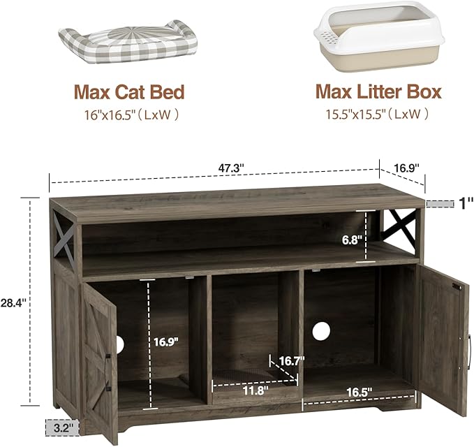 Cat Litter Box Enclosure for 2 Cats, 47" Double Hidden Litter Box Furniture with Scratch Pad, Farmhouse Indoor Litter Box Cabinet Cat Washroom, Grey-PawvioPets