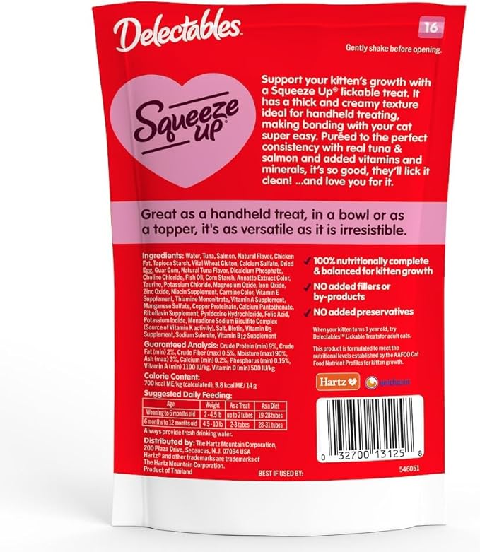 Delectables Squeeze Up Kitten Creamy Squeezable Puree, Lickable Wet Cat Treats, Grain Free, No Added Fillers, No By-Products, No Added Preservatives, 0.5 Ounces Tube Tuna & Salmon, 32 Tubes Total-PawvioPets