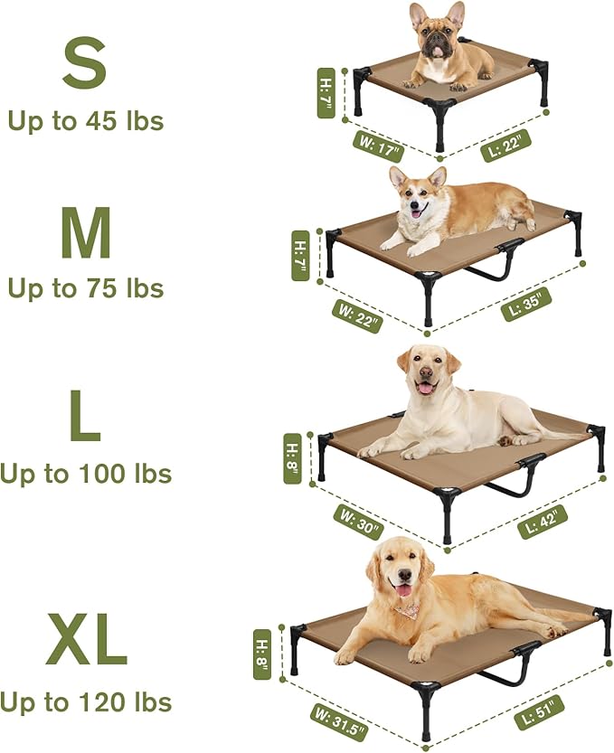 Elevated Dog Bed for Medium Dogs, Outdoor Cooling Raised Dog Beds Washable Pet Cot with Removable Mesh, Lifted Pets Hammock with Frame, Easy to Assemble, Brown, M-PawvioPets