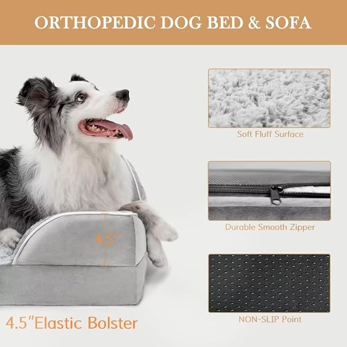 Comfort Expression Orthopedic Memory Foam Dog Bed, Waterproof Dogs Beds Large Sized, Washable Cooling Dogs Beds with Removable Cover, Pet Sofa with Bolster(Large,Light Grey)-PawvioPets
