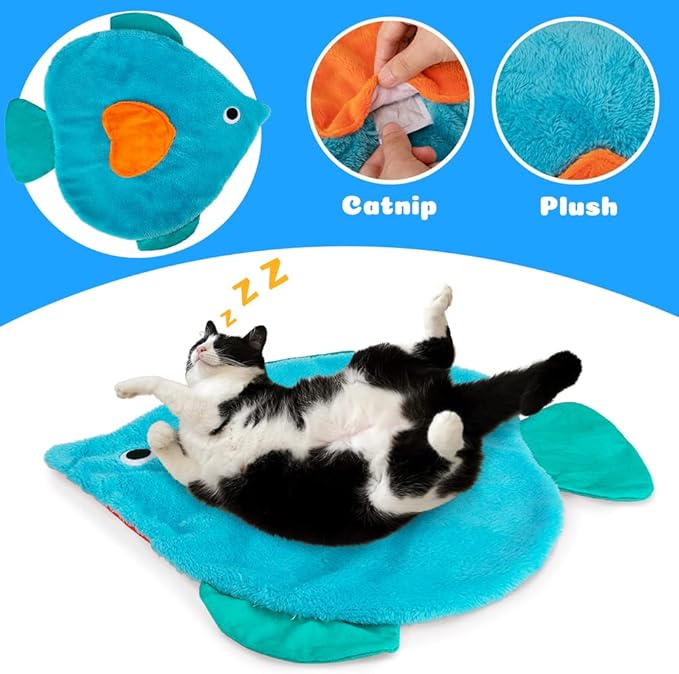 AWOOF Cat Mat, Cute Soft Catnip Mat, Cat Activity Mat Machine Washable Catnip Toys Interactive Cat Toys for Indoor Cats (Fish Shape)-PawvioPets