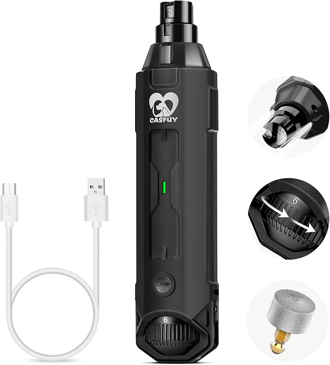Casfuy 6-Speed Dog Nail Grinder - Newest Enhanced Pet Nail Grinder Super Quiet Electric Dog Nail Trimmer Rechargeable Painless Paws Grooming & Smoothing Tool for Large Medium Small Dogs (Grey)-PawvioPets