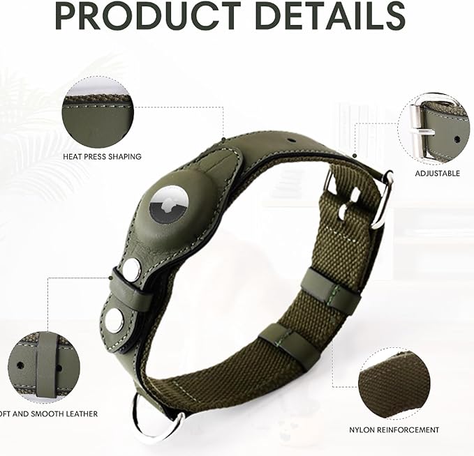 AirTag Dog Collar Soft Leather Webbing Dog Collar for AirTag Provides Double Protection for Small Medium and Large Dogs(Green,S)-PawvioPets