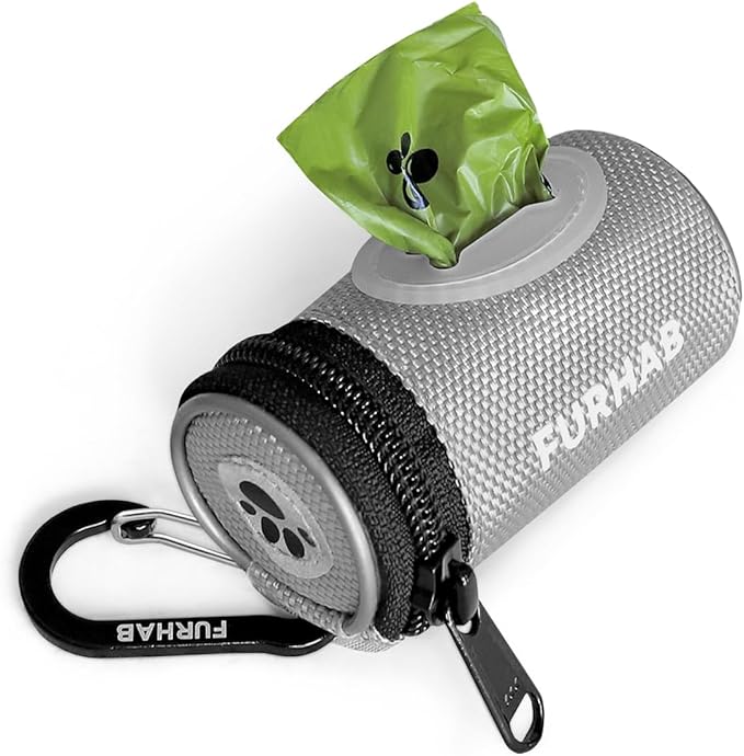Glow Dog Poop Bag Holder for Leash Doggie Waste Bag Dispenser Puppy Potty Carrier Small Doggy Zipper Pouch with Carabiner Clip 1680D Nylon Oxford with 1 Roll of Pet Trash Bags, Silver-PawvioPets