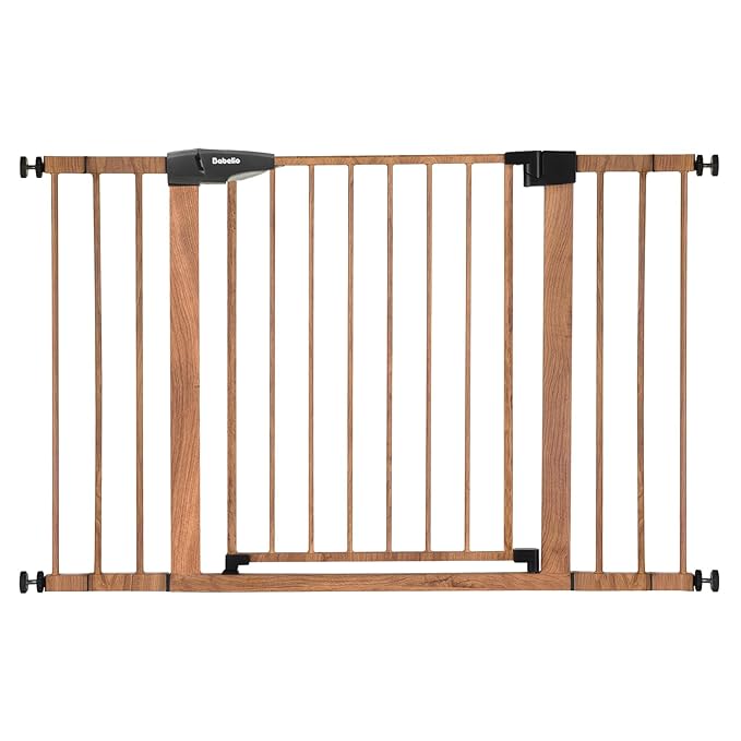 BABELIO 29-48" Metal Baby Gate with Brown Wood Pattern, Auto Close Dog Gate for The House, Stairs and Doorways, Pressure Mounted Pet Gate with Door, Safety Gate for Child and Pets-PawvioPets