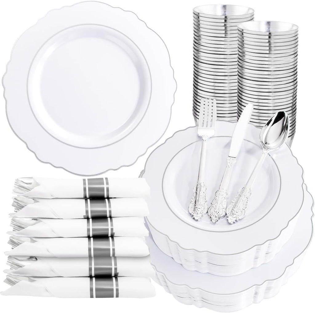Liacere 350PCS Silver Plastic Plates-Disposable White and Silver Plates 50guest Baroque Plastic Dinnerware Set include 100Plates, 50Pack Pre Rolled Napkins with Silverware 50Cups Perfect for Chrismas
