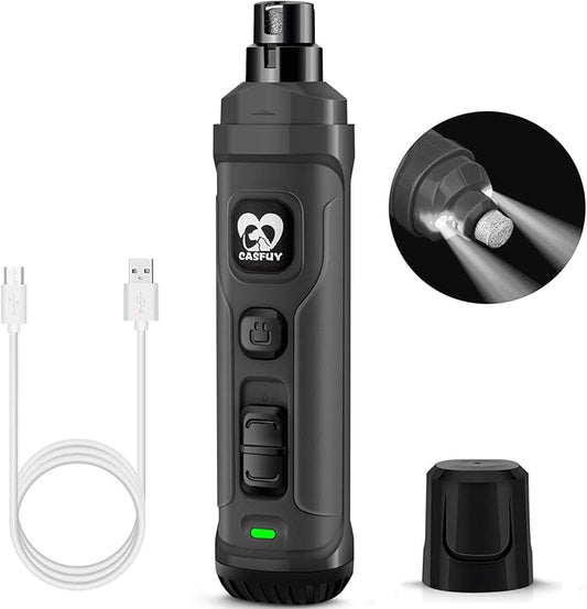 Casfuy Dog Nail Grinder with 2 LED Light - New Version 2-Speed Powerful Electric Pet Nail Trimmer Professional Quiet Painless Paws Grooming & Smoothing for Small Medium Large Dogs and Cats (Grey)-PawvioPets