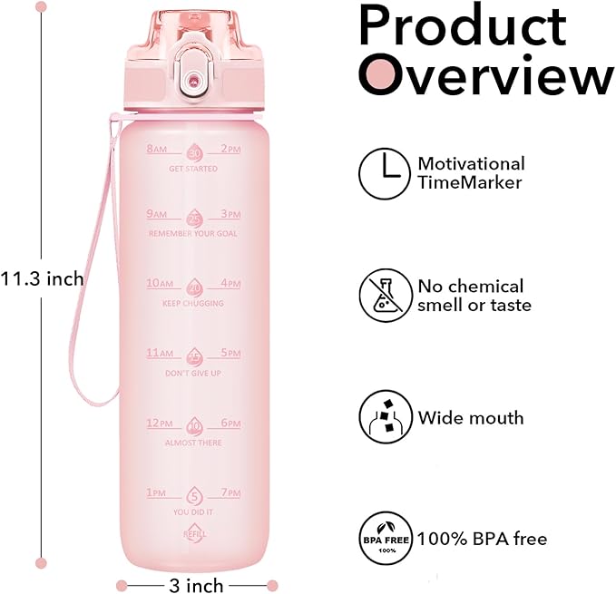 32oz Motivational Water Bottles with Time Marker & Fruit Strainer, Transparent Gradient Color Water Bottle with Times to Drink, Leakproof & BPA Free, Reusable Bottle with Strap (No Straw)-PawvioPets