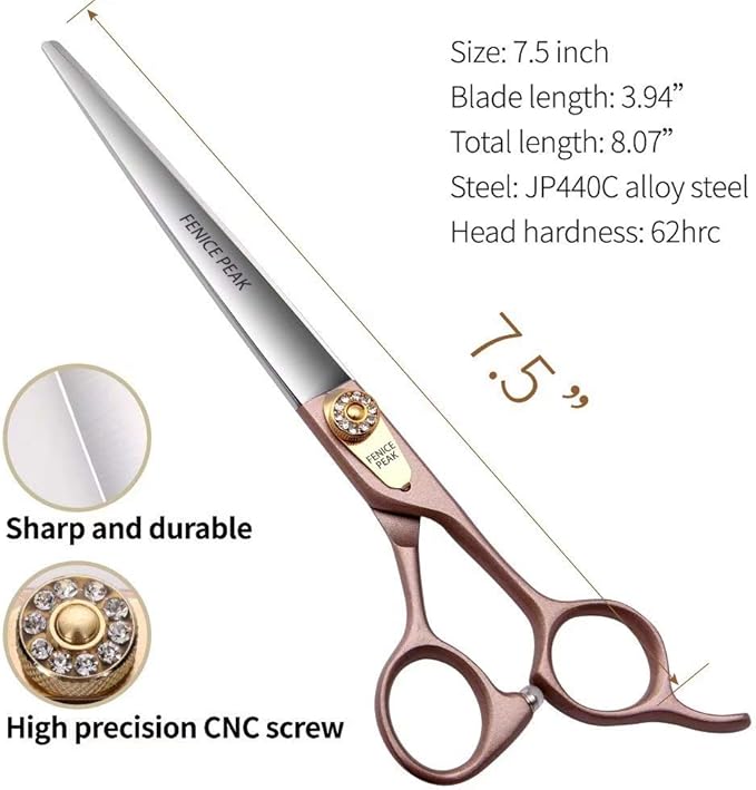 Fenice Peak 7.5'' Dog Straight Scissors for Grooming 440C Stainless Steel Rose Gold Professional Pet Trimming Scissors Sharp Blades Cutting for Dogs and Cats Shears-PawvioPets
