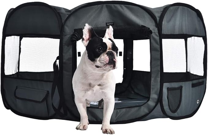 Amazon Basics Portable Soft Pet Dog Octagonal Travel Playpen, Large (45 x 45 x 24 inches), Grey-PawvioPets