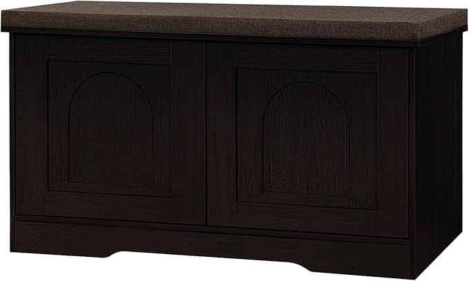 DINZI LVJ Shoe Bench, Entryway Storage Bench with Doors, Cushion, 2-Tier Shoe Rack with 6-Cubby, 31.5”L x 13.8”W Shoe Organizer Cabinet, Adjustable Shelf, Living Room, Bedroom, Espresso-PawvioPets