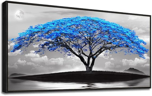Framed Canvas Wall Art For Living Room Large Size Office Wall Decor Bedroom Decor Wall Pictures Artwork Black And White Landscape Blue Tree Moon Wall Painting Home Decorations Black Frame 20" X 40"-PawvioPets