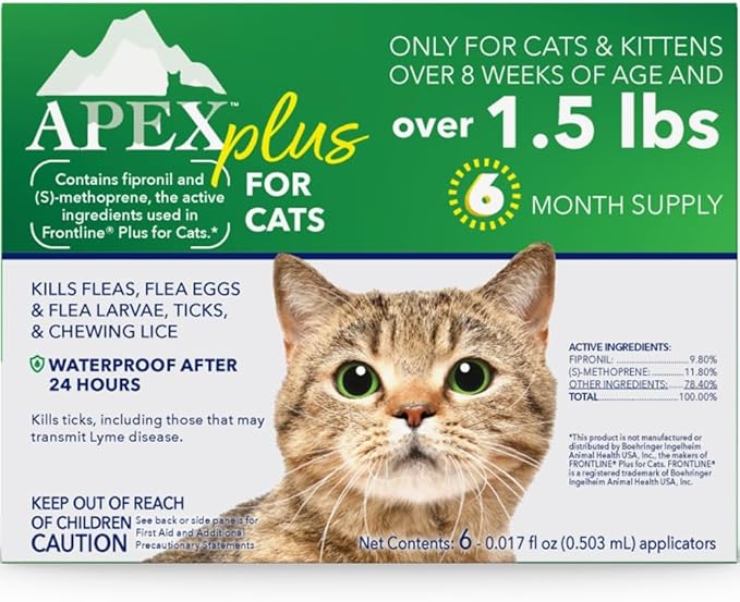 Apex Plus Cat Flea and Tick Treatment | 6-Month Supply, Over 1.5 lbs | Flea Treatment for Cats & Kittens | 24-Hour Activation, Waterproof, 30-Day Protection-PawvioPets
