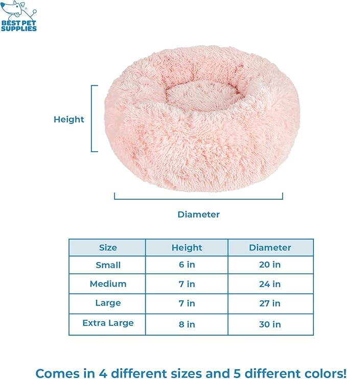Best Pet Supplies Round Donut Dog Bed with Plush Faux Fur Fabric, Calming, Anti-Anxiety Cushion for Indoor Pets, Slip-Resistant Base, Soft Ergonomic Support - Pink, 20x20x6''-PawvioPets