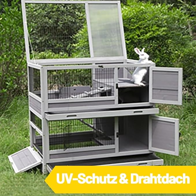 Aivituvin Rabbit Hutch Rabbit Cage Outdoor & Indoor on Wheels Bunny cage with Deep No Leak Pull Out Tray,Upgrade Version (Gray)-PawvioPets