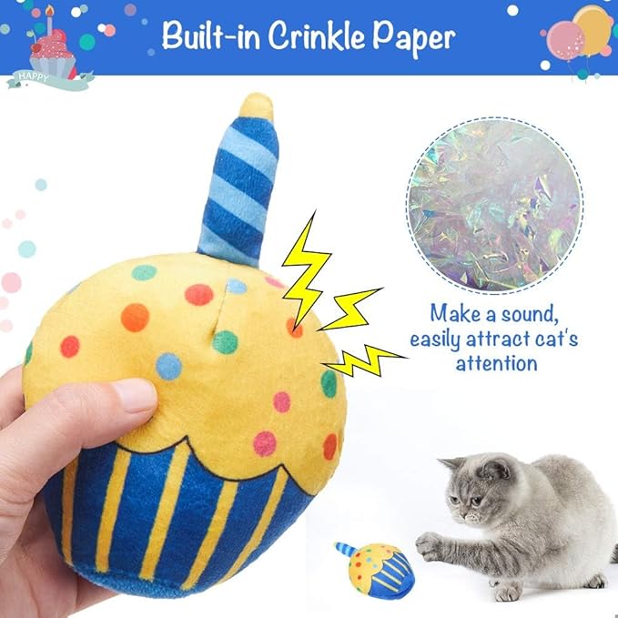 BINGPET Cat Birthday Catnip Toys for Indoor Cats,Cat Birthday Hat,Bandana and Cat Birthday Cake Interactive Plush Kitten Chew Toys,Cute Fish,Balloon Toys with Crinkle Paper and Catnip Inside(Blue)-PawvioPets