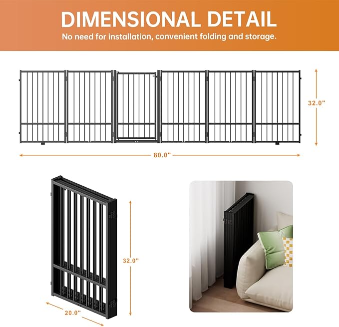 Full Metal Freestanding Dog Gate with Door, 32''Height Foldable Pet Dog Fence for Indoor & Outdoor, 6 Panels Extra Wide Free Standing TallDog Gates for Doorways,House,Stairs,Porch,Deck,Yard-PawvioPets