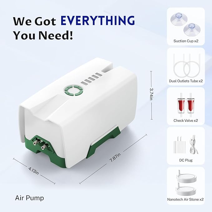 Ghosthorn Quiet AC/DC Aquarium Air Pump 12000mAh Battery Powered Aquarium Bubbler with 87 Hours Battery Life 2-Outlet Rechargeable Bait Aerator Adjustable Oxygen Pump, Power Outages and Emergency-PawvioPets