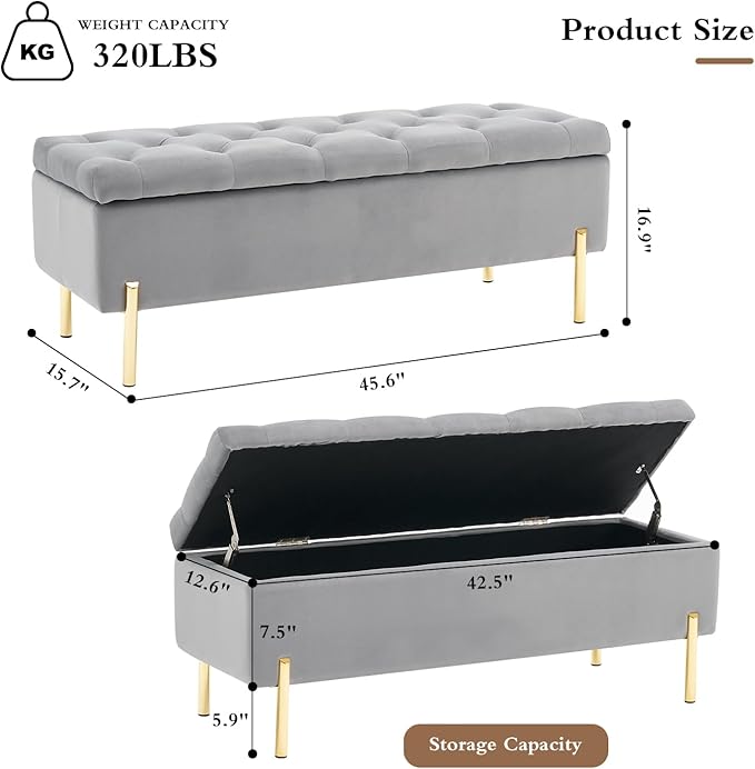 45.6 Inch Velvet Storage Bench, Tufted Upholstered Ottoman with Storage, Bedroom Living Room Entryway Rectangular Accent Bench, Grey-PawvioPets