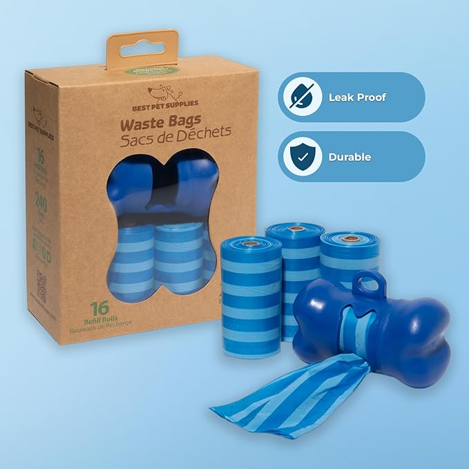 Best Pet Supplies Dog Poop Bags (240 Bags) for Waste Refuse Cleanup, Doggy Roll Replacements for Outdoor Puppy Walking and Travel, Leak Proof and Tear Resistant, Thick Plastic - Blue Strips-PawvioPets