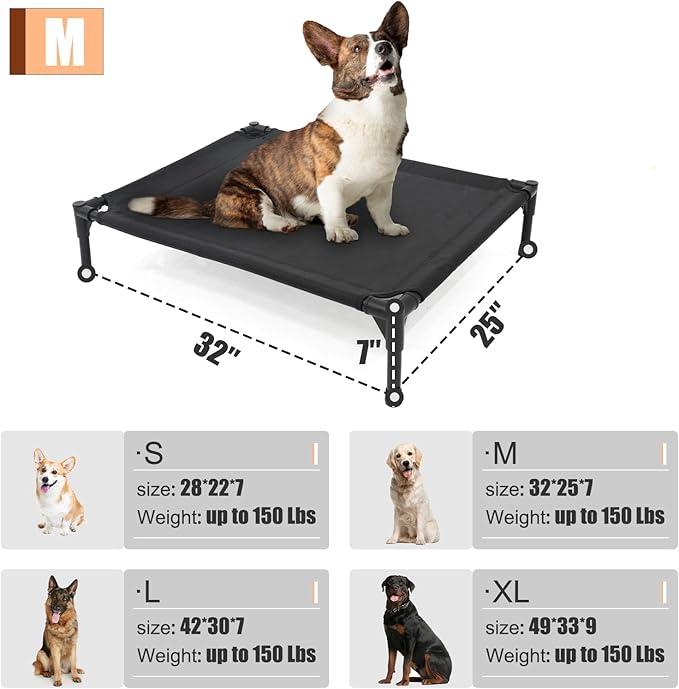 Elevated Dog Bed for Medium Dogs, Raised Dog Cot Beds Fits Up to 150 LBs, Heavy Duty Pet Cots with Durable Supportive Teslin Recyclable Washable Mesh, Indoor & Outdoor Dog Bed, Black-PawvioPets