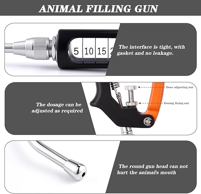 30ML Veterinary Metal Feeding Gun, Continuous Drench Gun Dosing Device Veterinary Adjustable Medicine Dispenser Husbandry Autonomous Feeding Tool, Pig Cattle, Sheep, Horse for Drench Gun-PawvioPets