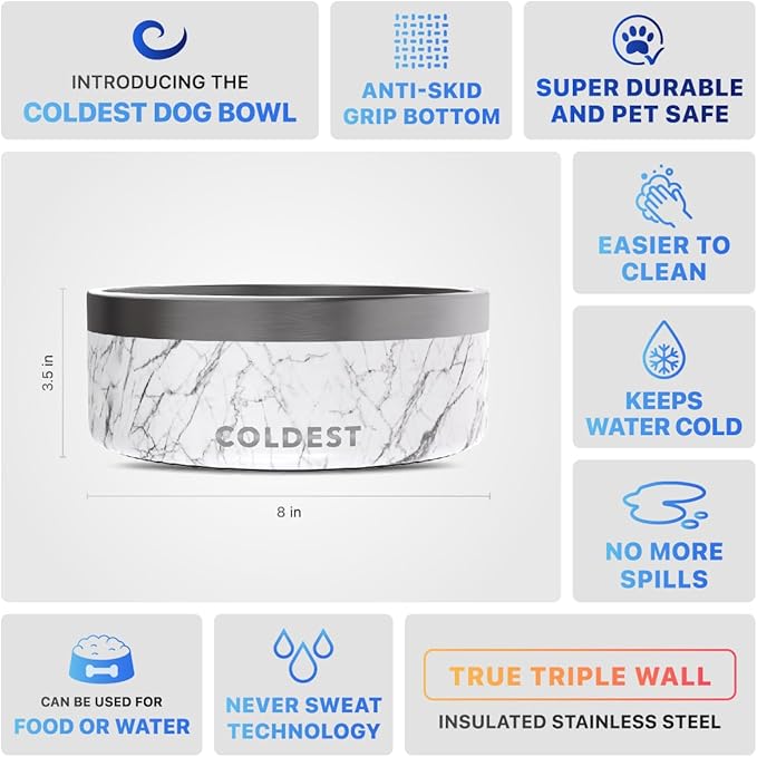 Coldest Dog Bowl - Anti Rust Metal, Non Slip, 3 Layers Insulated Stainless Steel Dog Bowls - Spill Proof & Heavy Duty - Water Bowl for Dogs, Cats & Pets, Dish Washer Safe (64 oz, Carrara Marble)-PawvioPets