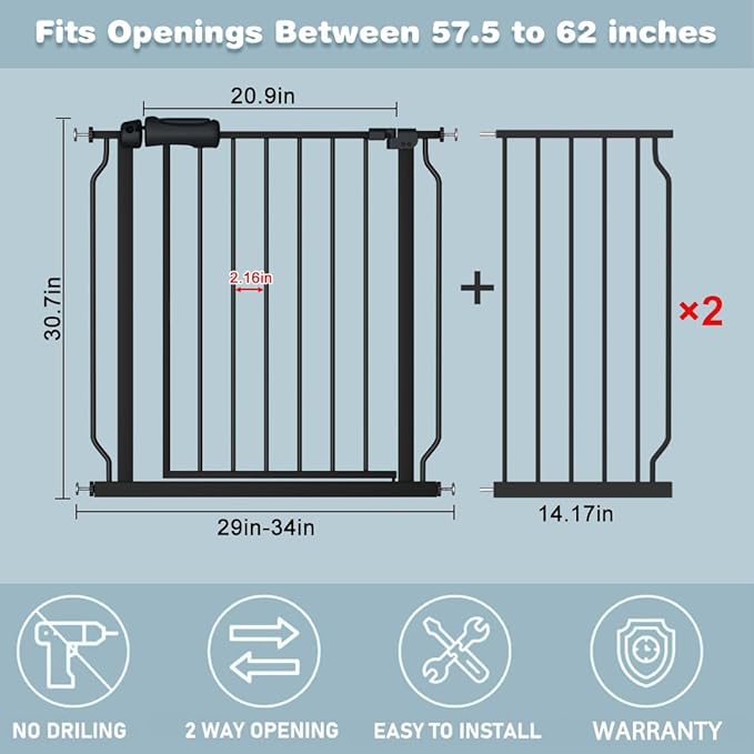 Extra Wide Baby Gate 57.5-62 Inch Black Walk THR Dog Gates Doorways House No Drill Pressure Mounted Auto Close Long Child Safety Gate for Kids and Pet-PawvioPets