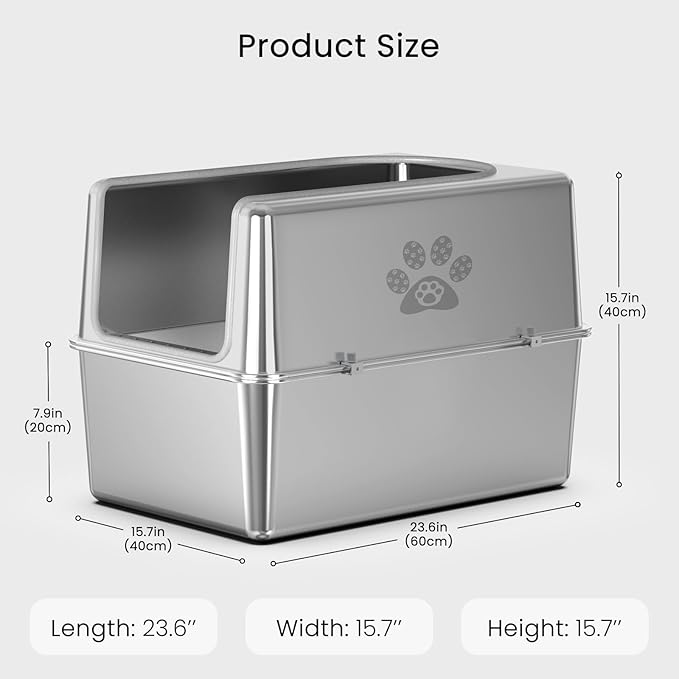 Enclosed Stainless Steel Cat Litter Box with Lid, XL Metal Litter Box for Big Cats, Extra Large Cat Toilet with High Side, Non-Stick, Anti-Leakage, Odorless, with Cats Litter Mat & Litter Scoop-PawvioPets