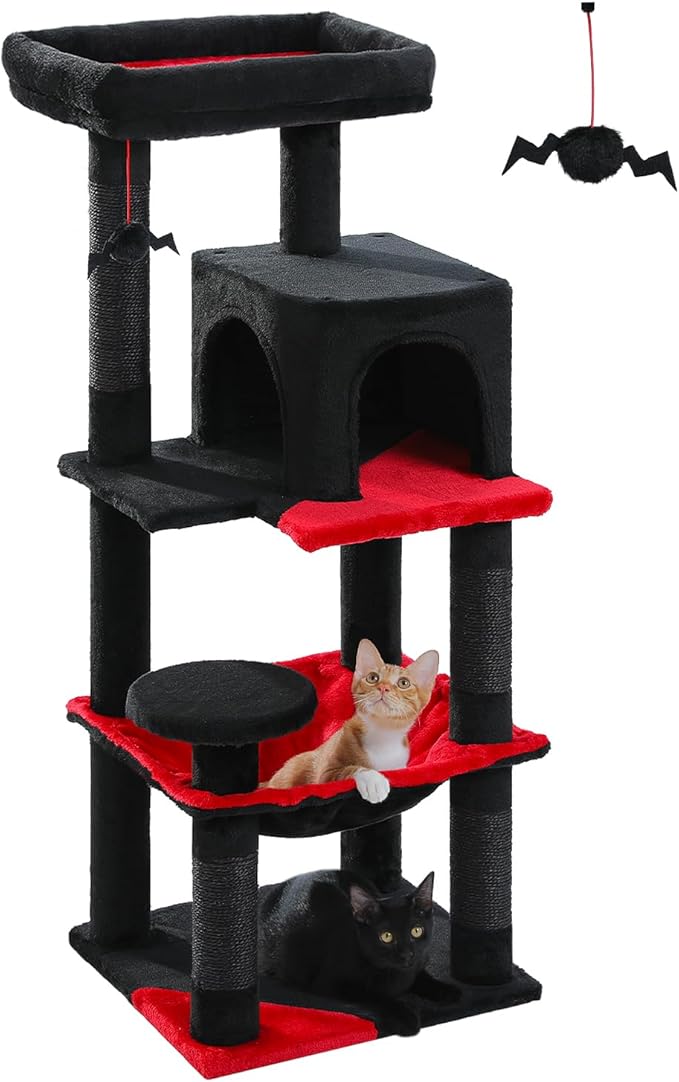 Gothic Cat Tree with Super Large Hammock, 45.7" Black Cat Tower with Coffin Bed, Cat Condo, Sisal Scratching Posts & Top Perch, Multi-Level Goth Cat Tree, Halloween, Black-PawvioPets