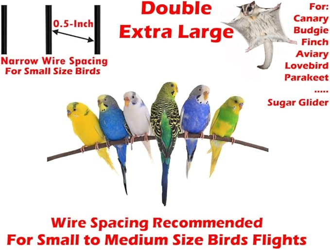 64" Extra Large Double Flight Bird Wrought Iron Double Cage Slide Out Center Divider Side Nesting Box Door Parrot Cage Cockatiel Conure with Removable Rolling Stand Storage Shelf-PawvioPets