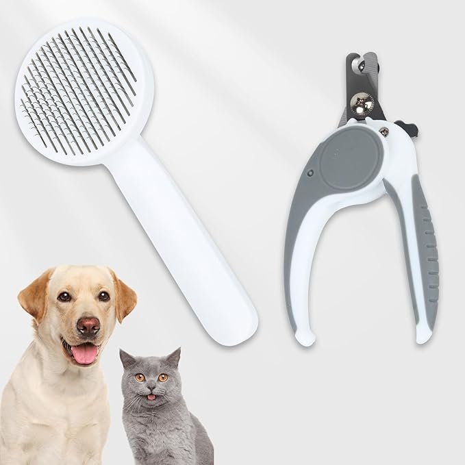 2PCS Pet Grooming Kit，Cat Brushes、Cat Nail Clipper，Cat Grooming Brush for Sedding and Grooming Fur（Grey）-PawvioPets