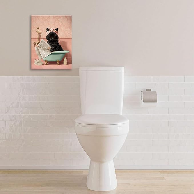 Cat Bathroom Wall Decor Black Cat Reading Newspaper in Bathtub Canvas Wall Art Funny Bathroom Pictures Kitten Painting Print Pink Artwork Framed Decorations Gifts 16"x20"-PawvioPets