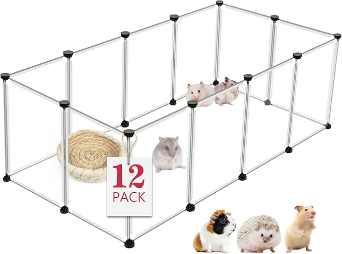12 Panels Transparent Small Animals Playpen,48" x 24" x 16" Portable Pet Playpen,Plastic Enclosure,Puppy Play Pen for Indoors Outdoor Pet Fence for Guinea Pigs,Bunny,Ferrets,Hamsters,Hedgehogs-PawvioPets