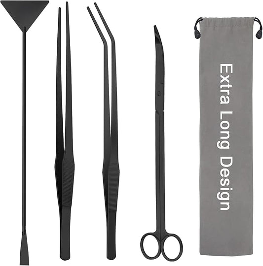 Aquarium Aquascape Tools Kit 15in, 4 in 1 Anti-Rust Aquatic Plant Aquascaping Tool Stainless Steel Tweezer Scissor Spatula for Aquarium Tank Clean Fish Tank Aquascape Accessories Set (black)-PawvioPets