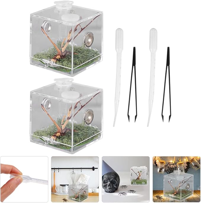 balacoo 8 Sets Jumping Spider Enclosure: Spider Cage Habitat Jumping Terrarium Micro Scorpion Droppers Reptile Hide Clear Enclosure Breeding Box Case with Breeding Tweezers-PawvioPets