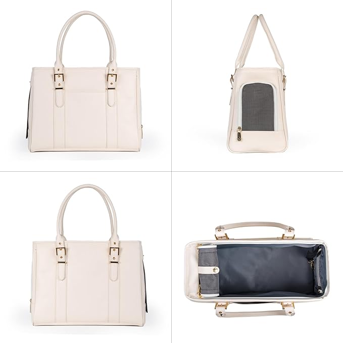 Fashion Pet Carrier Dog Purse Cat Bag Soft-Sided Carriers Travel Airline Approved, Stylish Leather Tote Handbag for Small Animal Puppy Kitten (White)-PawvioPets