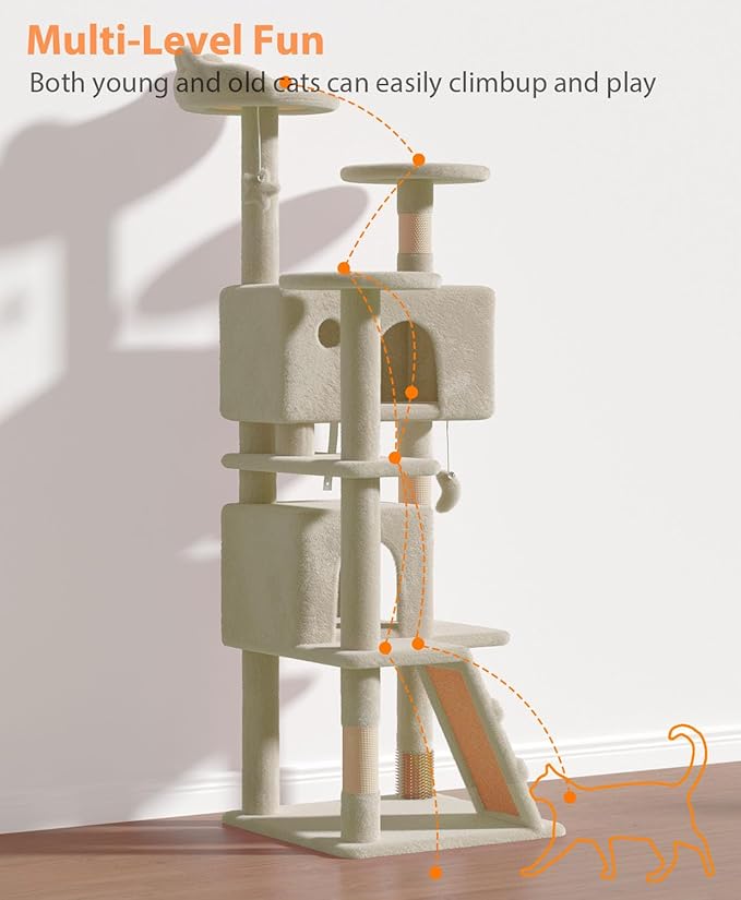 60'' Cat Tree Tower for Indoor Cats Large Adult,Cute/Tall Modern Cat Tree for Big Cats 20 lbs, Plush Multi-Level Cat Condo with Scratching Posts, Dangling Ball Indoor (Beige, 60 inch)-PawvioPets