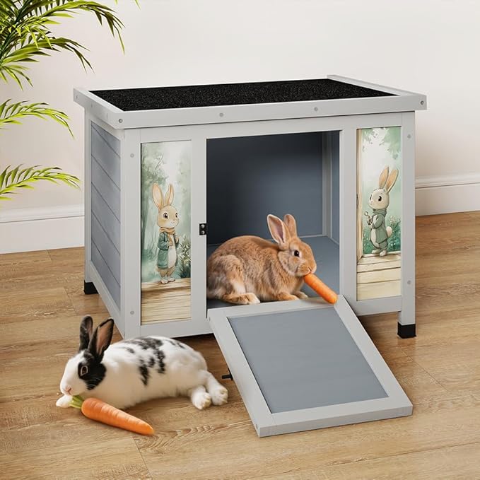 COZIWOW 24in Wooden Cat House Outdoor & Indoor Pet Shelter with Foldable Ramp - Weatherproof Rabbit Hutch with Unique Machine-Printed Art Designs for Cat, Rabbit, Guinea Pig (Grey)-PawvioPets