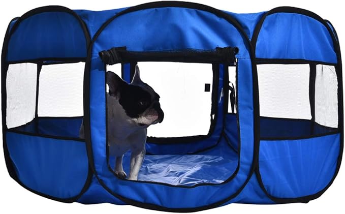 Amazon Basics Foldable Octagonal Indoor and Outdoor Portable Soft Dog Pen/Puppy Pen/Playpen, 114 cm / 45", Blue-PawvioPets