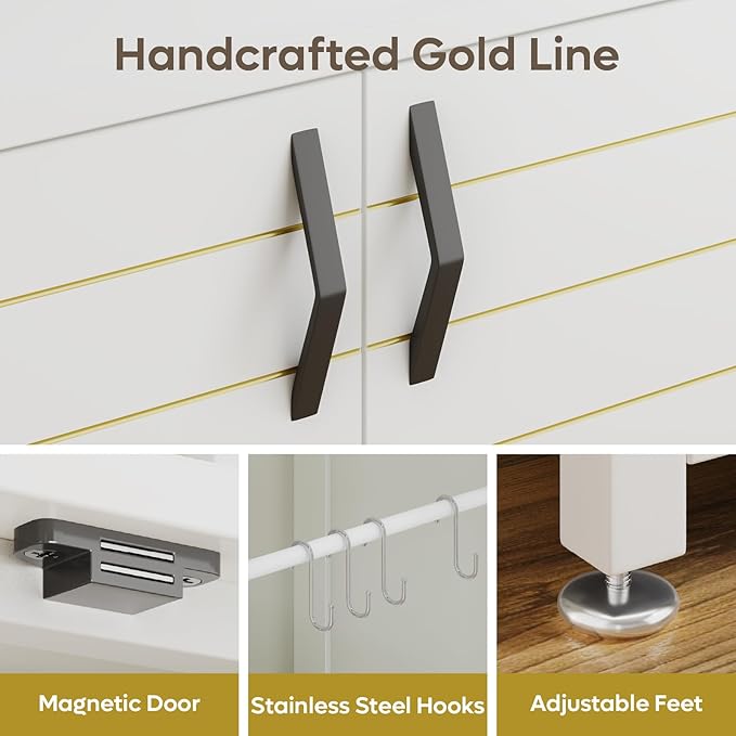 Bestier 20-29 Gallon Fish Tank Stand with Power Outlets, Metal Long Aquarium Stand with Storage Cabinet, 31x15 Reptile Terrarium Stand with Horizontal Gold Line, Stainless Hooks, 350 Lbs(White)-PawvioPets