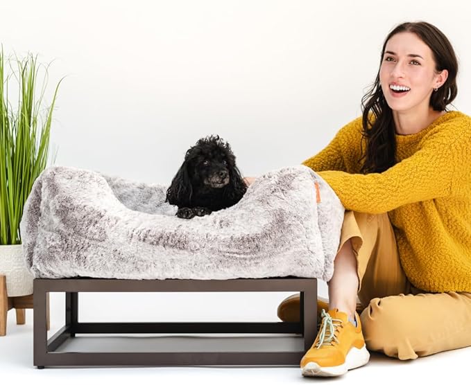 FUZI Luxury Aesthetic Dog Bed for Large Dogs with Washable Cover, Pet Couch, Pet Bed with Sides, Non-Slip Bottom, Soft and Durable Calming Dog Bed, Faux Fur Cover, Large 35.6x28.5x9.5 Light Grey-PawvioPets