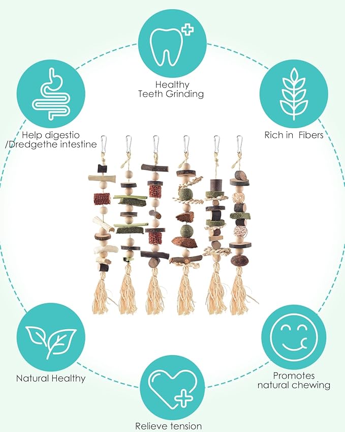 6PCS Bunny Chew Toys, Hamster Rabbit Cage Hanging Chew Toys, Natural Apple Wood Bunnies Treats, Improve Small Animal Teeth Health for Guinea Pig Chinchilla Ferret Rats Gerbil-PawvioPets