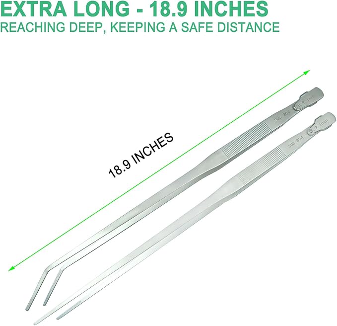 2pcs 18.9 inch Aquarium Tweezers with Hanger, 2025 New Extra Long Feeding Tongs, Stainless Steel Large Aquascape Tools for Fish Tank, Terrarium，Aquascaping, Reptile Snake (Curved & Straight)-PawvioPets